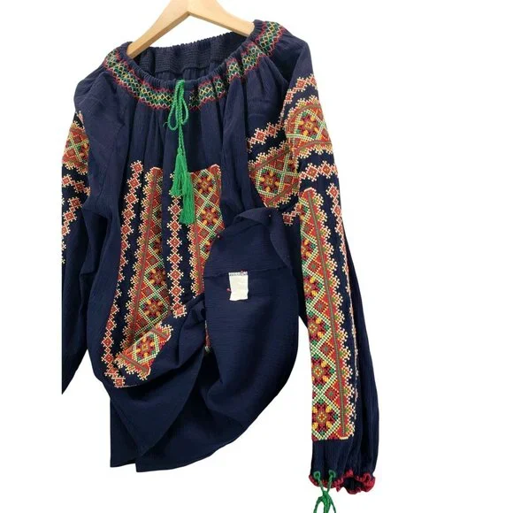 Ukrainian Traditional Blouse XXL Navy Colorful Geometric CrossStitch Embroidery - Picture 5 of 11